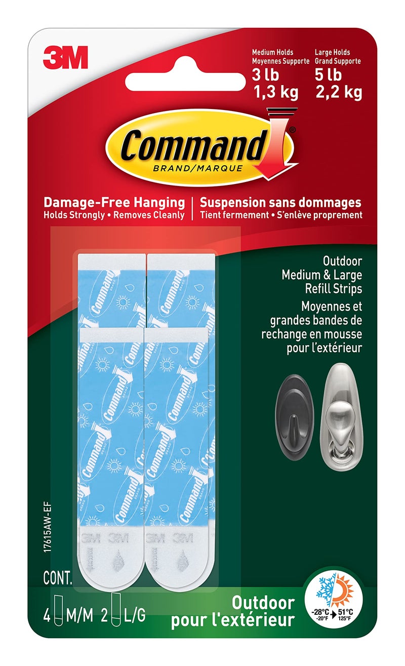 Command Outdoor Refill Strips, 4-Medium, 2-Large Strips, Re-Hang Outdoor Hooks - Image 1